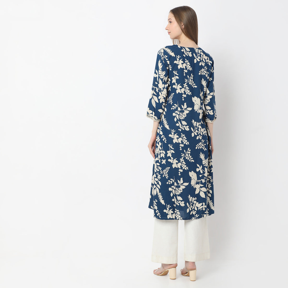 A-Line Printed Knee Length V-Neck Flared Kurta