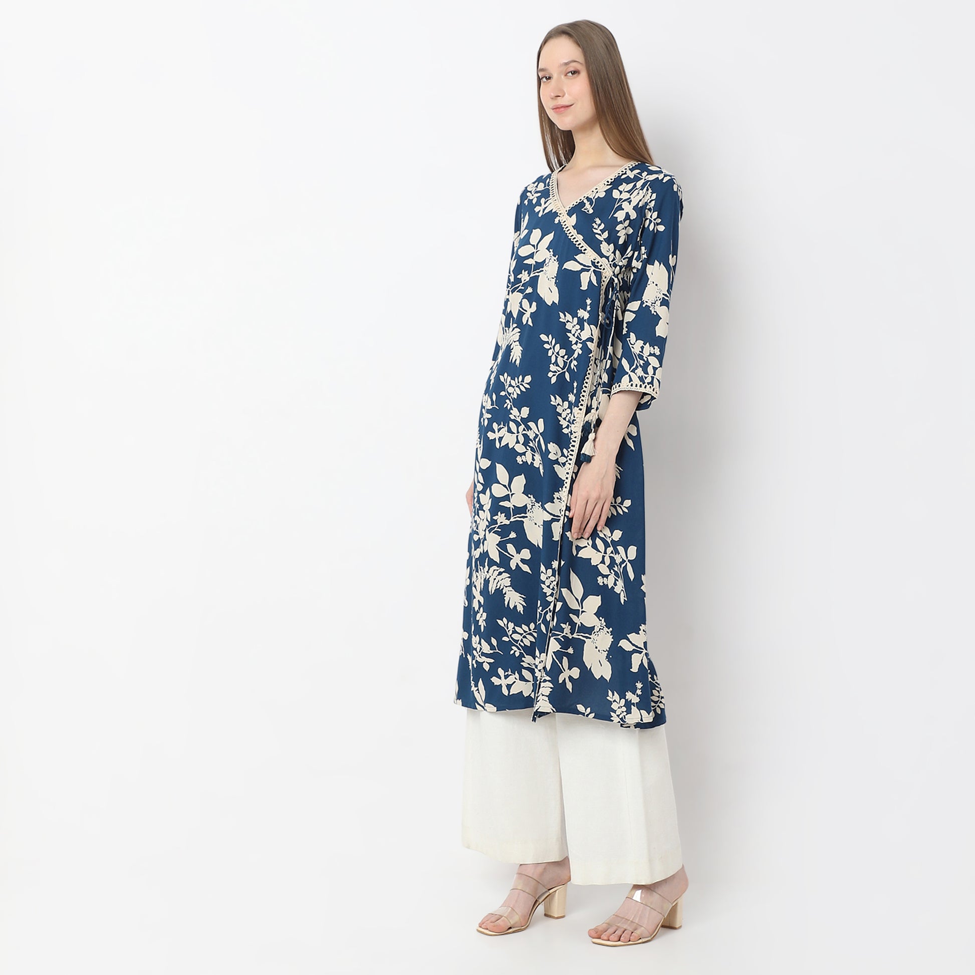A-Line Printed Knee Length V-Neck Flared Kurta