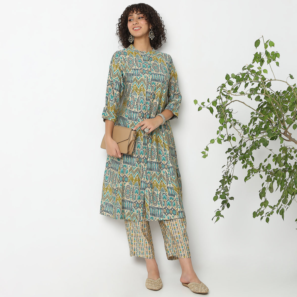 Flare Fit Printed Band Neck Kurta with Pant Set