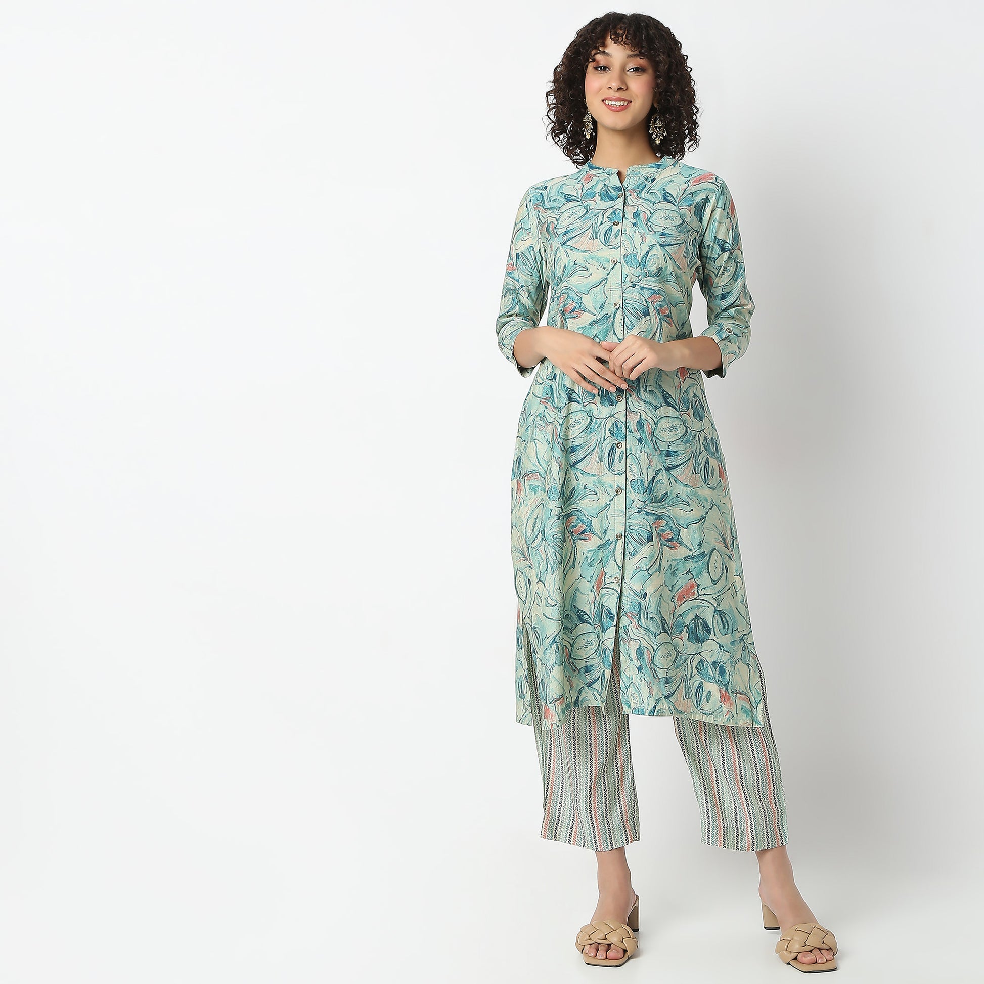 Flare Fit Printed Band Neck Kurta with Pant Set