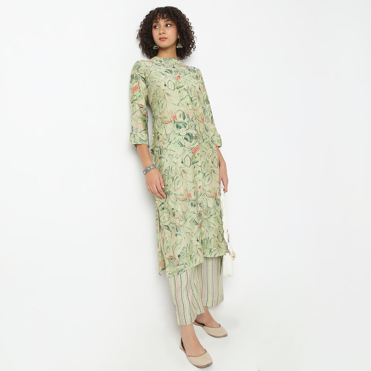 Flare Fit Printed Band Neck Kurta with Pant Set