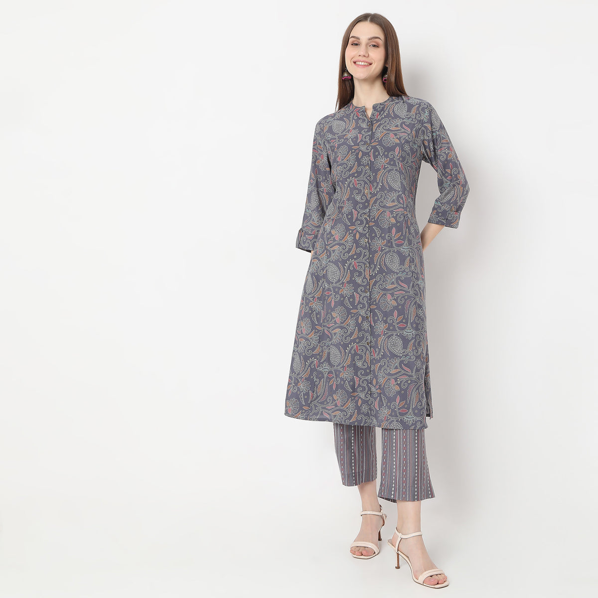 Floral Print Calf Length A-Line Kurta with Pant Set