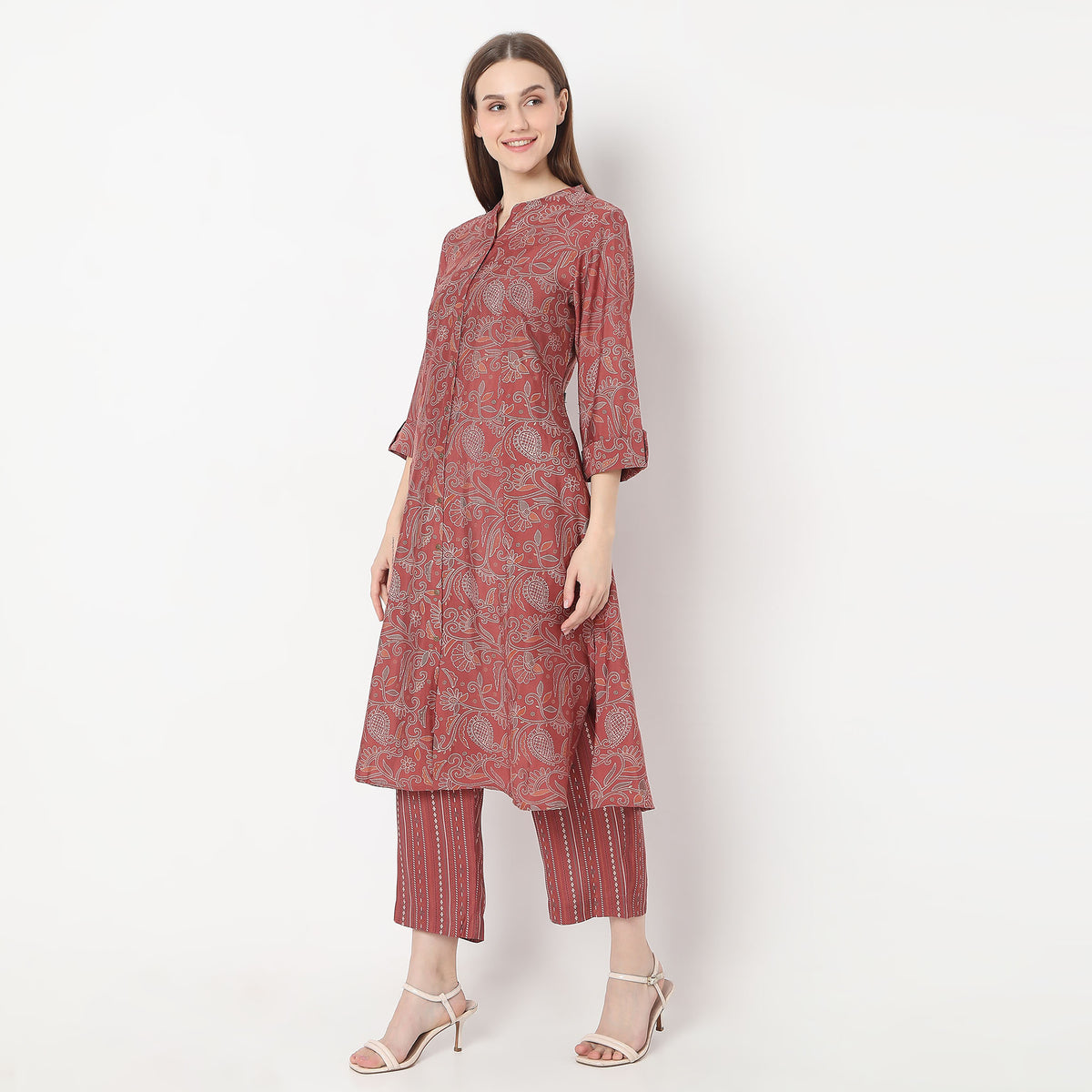 Floral Print Calf Length A-Line Kurta with Pant Set