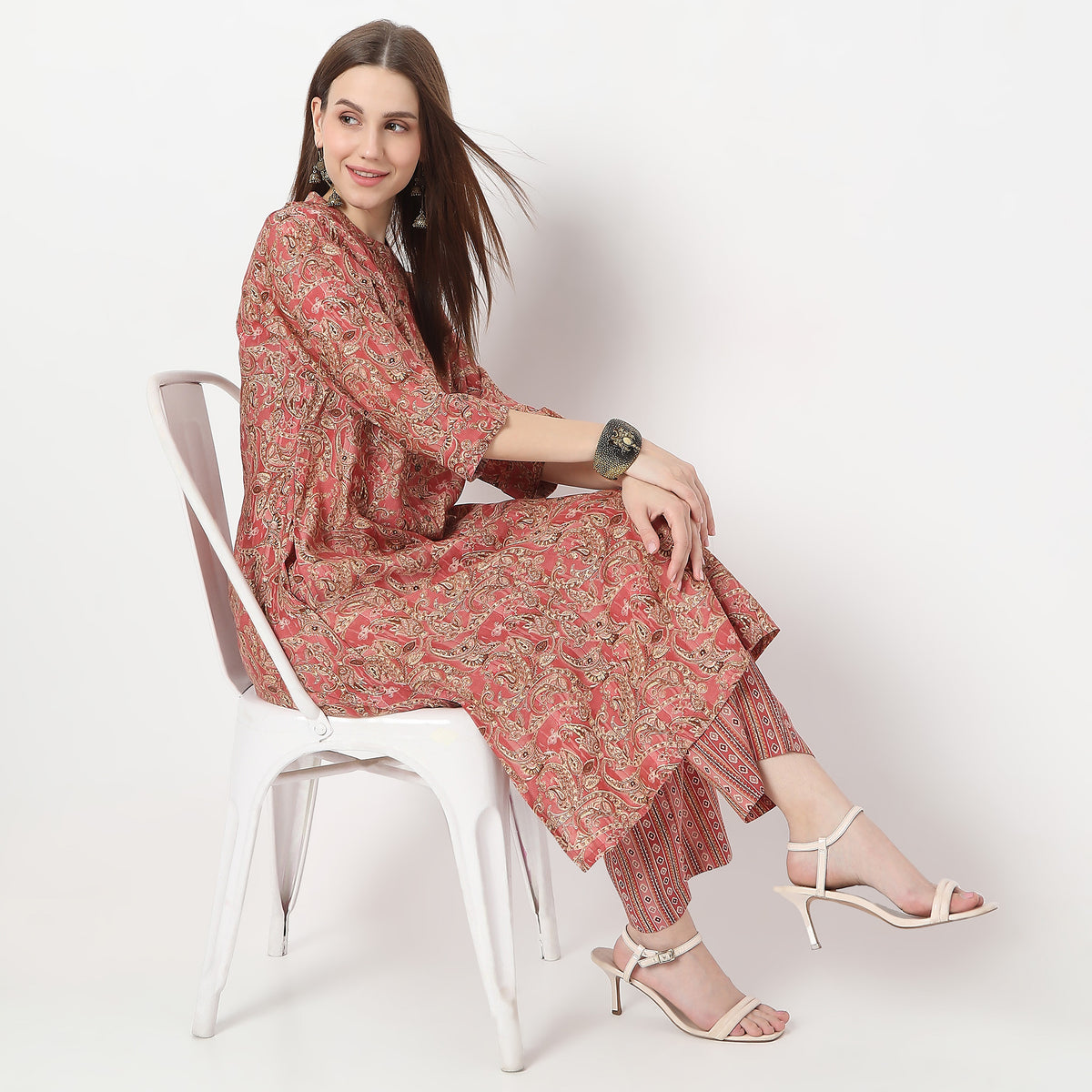 Floral Print Calf Length A-Line Kurta with Pant Set