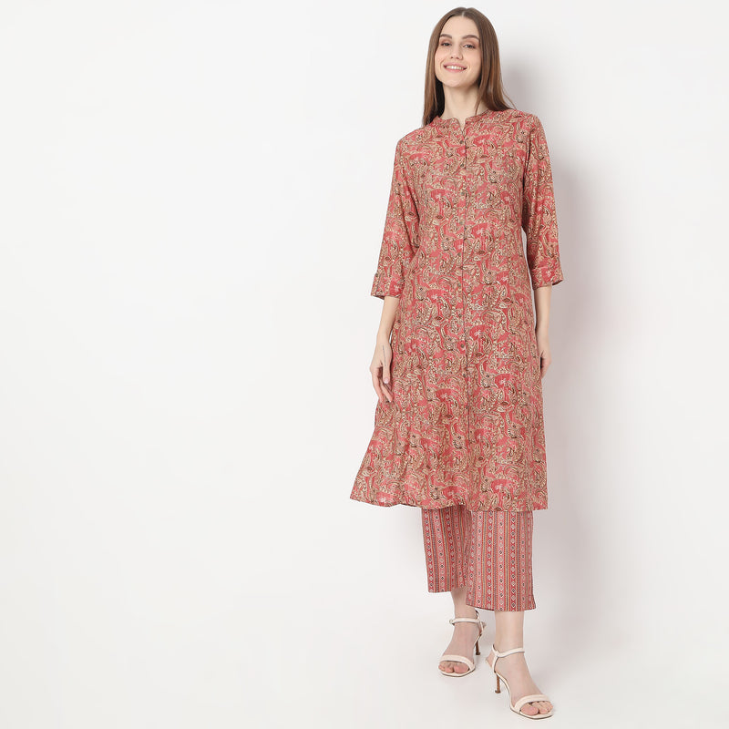 Floral Print Calf Length A-Line Kurta with Pant Set