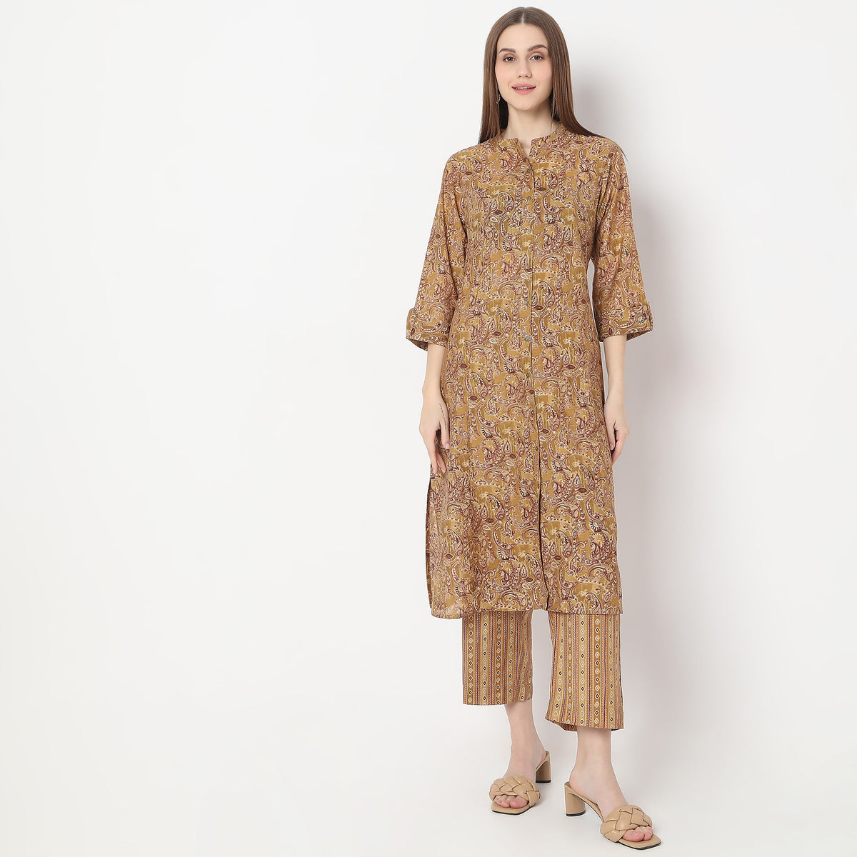 Floral Print Calf Length A-Line Kurta with Pant Set