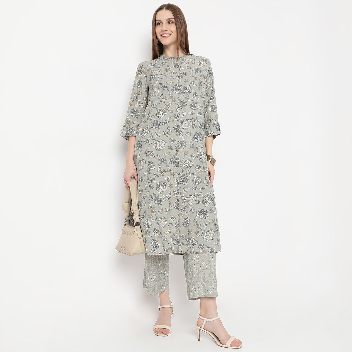 Floral Print Calf Length A-Line Kurta with Pant Set