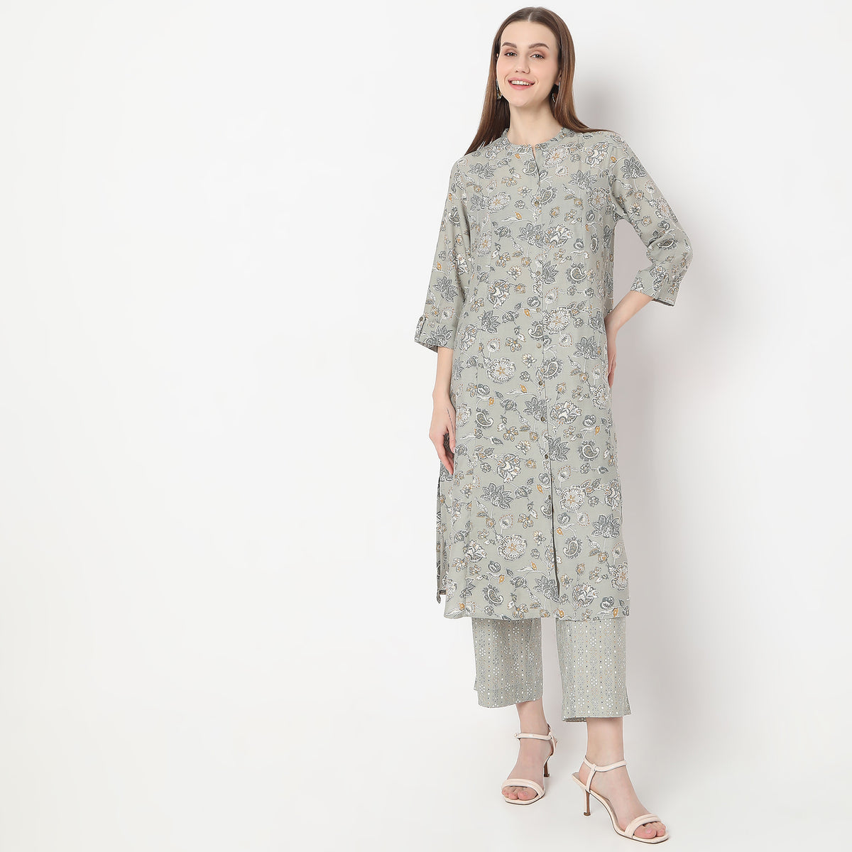 Floral Print Calf Length A-Line Kurta with Pant Set