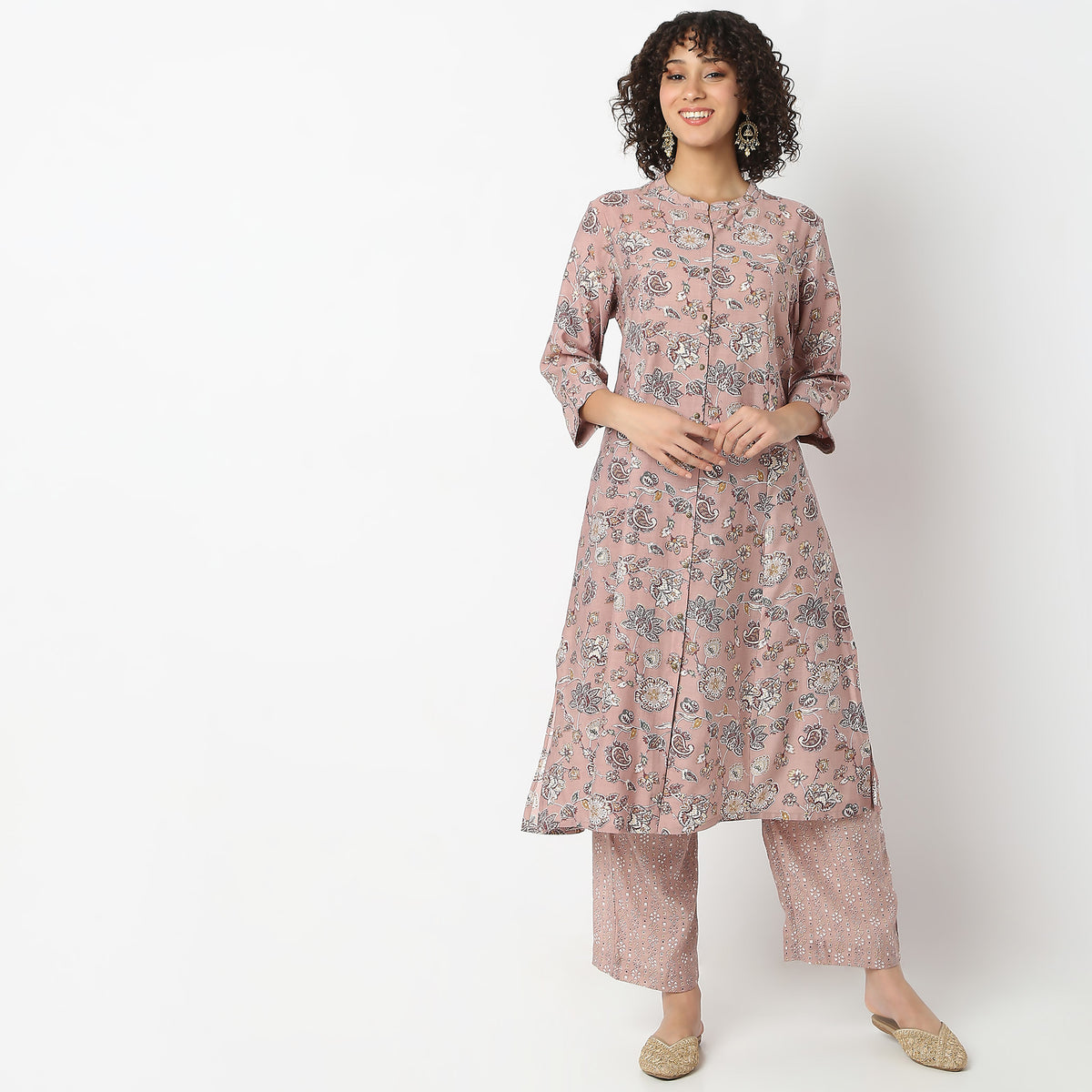 Floral Print Calf Length A-Line Kurta with Pant Set