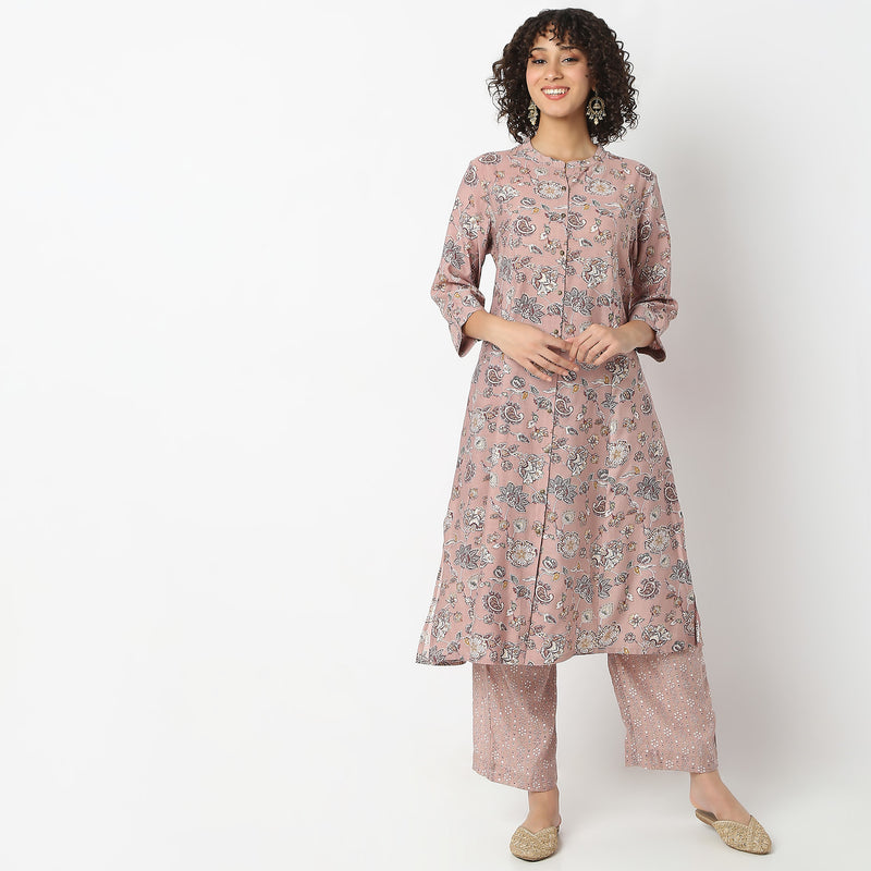 Regular Fit Printed Band Neck A-Line Kurta with Pant Set