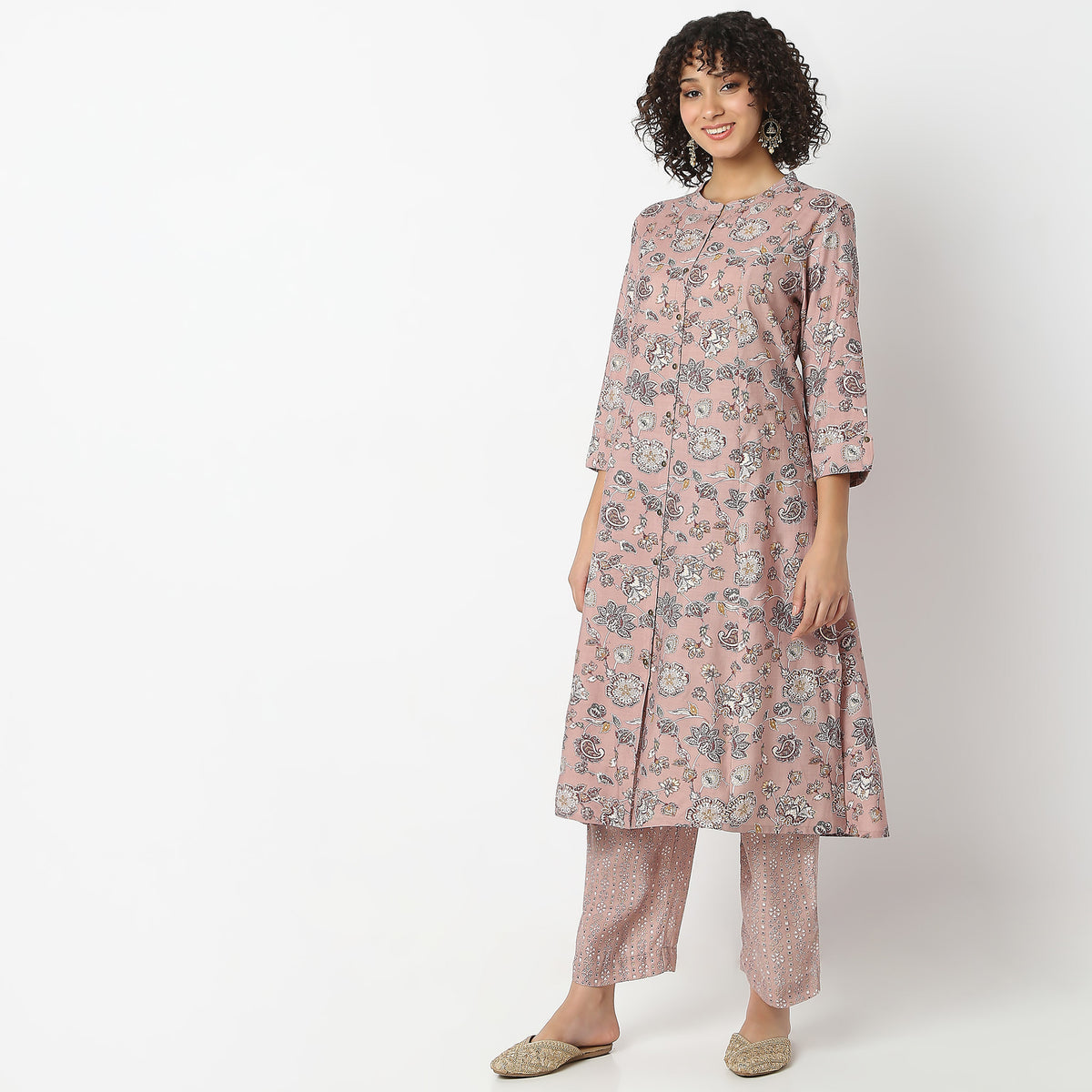 Floral Print Calf Length A-Line Kurta with Pant Set