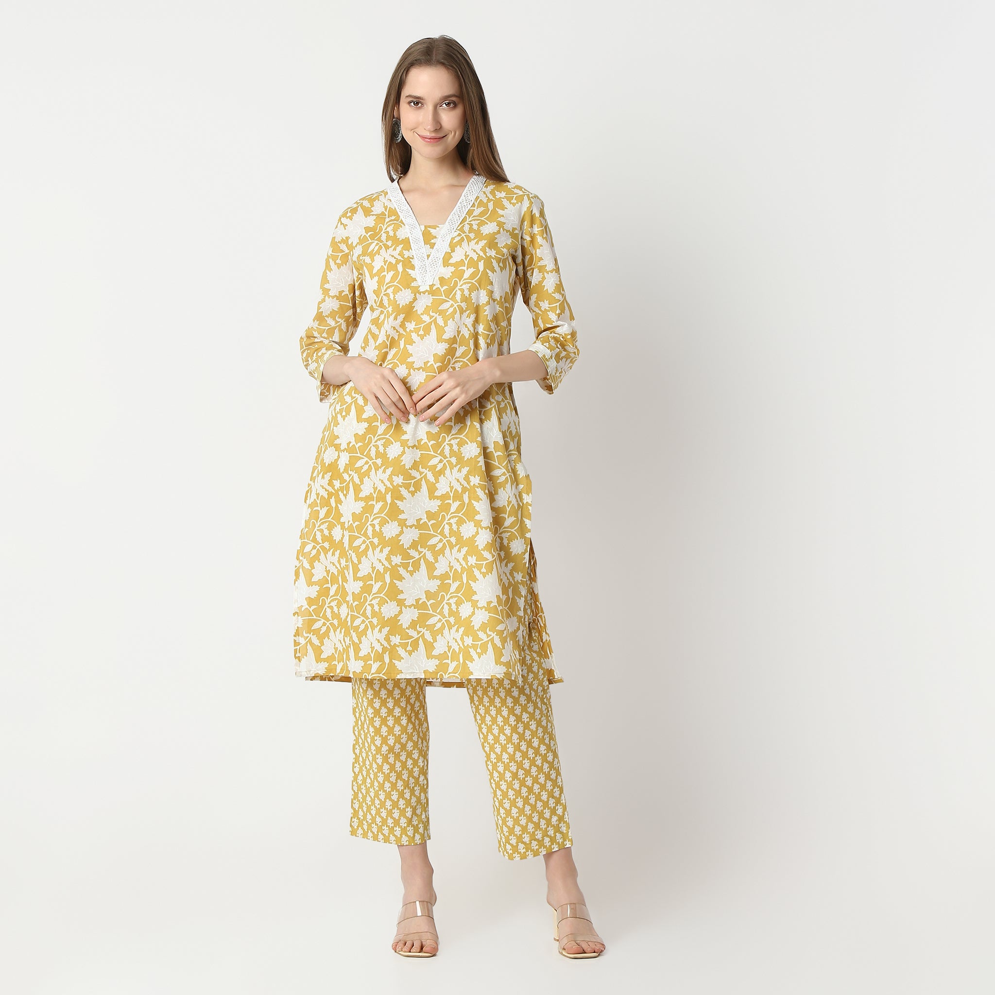 Regular Fit Printed V Neck Kurta with Pant Set