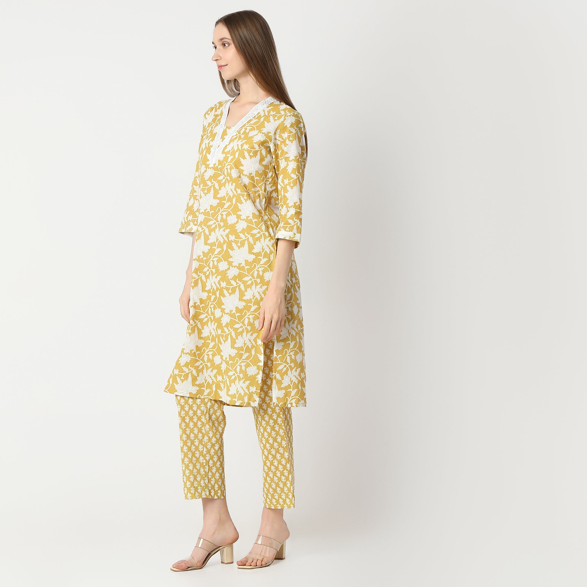 Regular Fit Printed V Neck Kurta with Pant Set