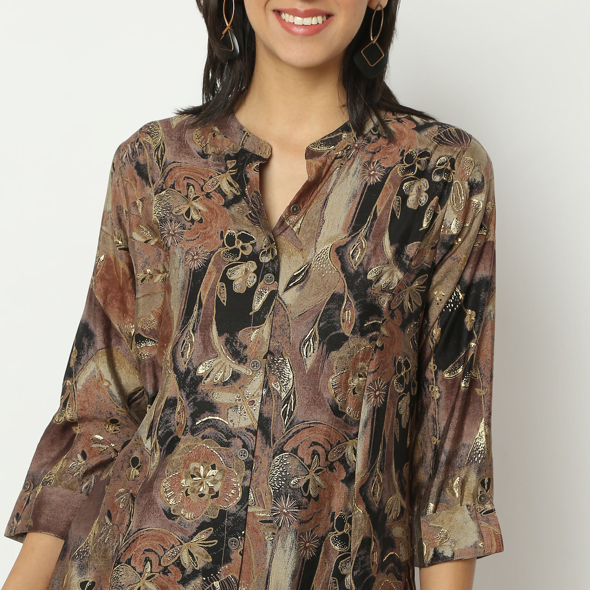 Regular Fit Printed Band Collar Kurta with Pant Set