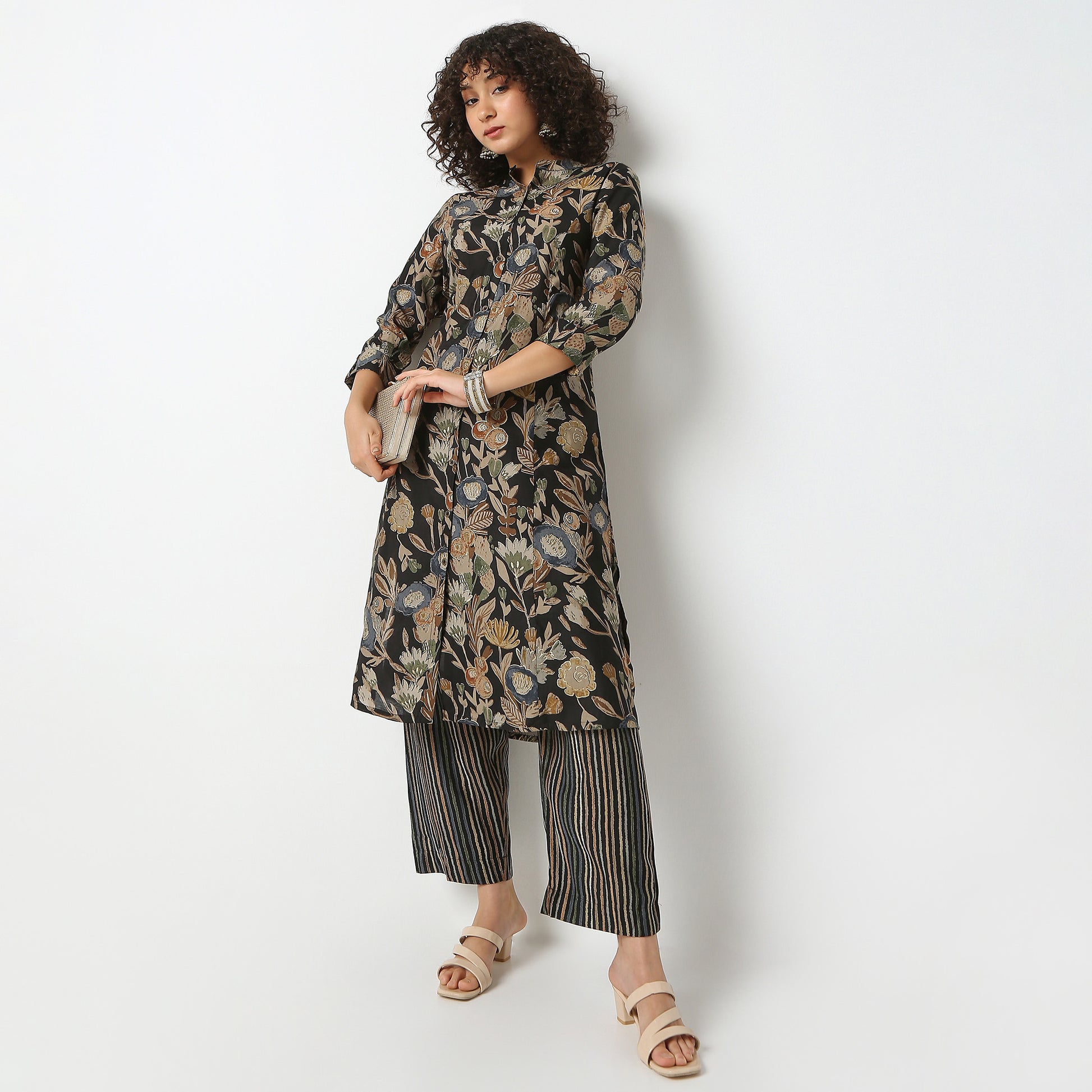 Flare Fit Printed Band Collar Kurta with Pant Set