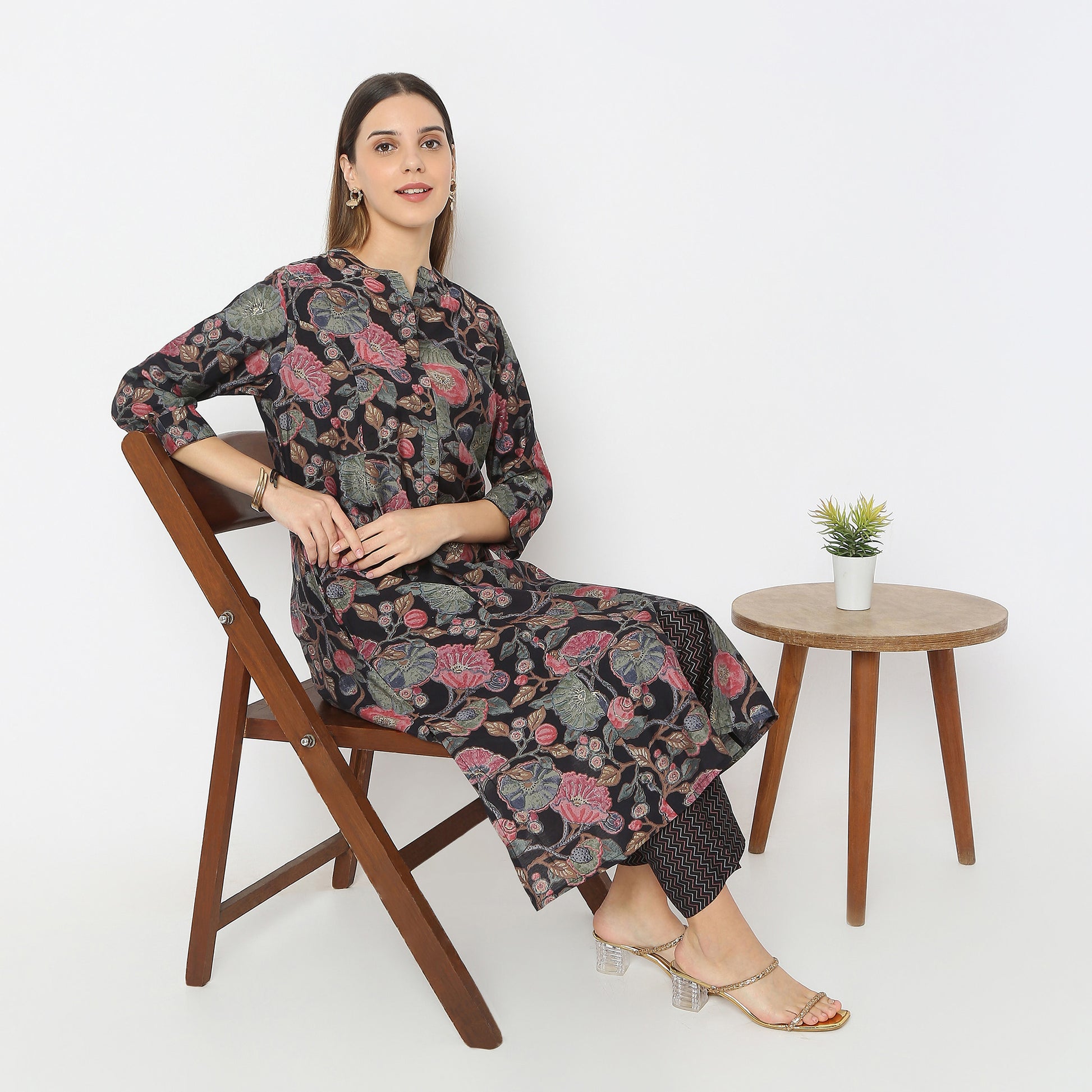 Flare Fit Printed Essential Band Collar Kurta with Pant Set