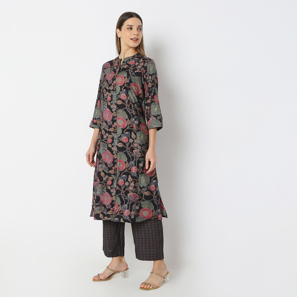 Flare Fit Printed Essential Band Collar Kurta with Pant Set