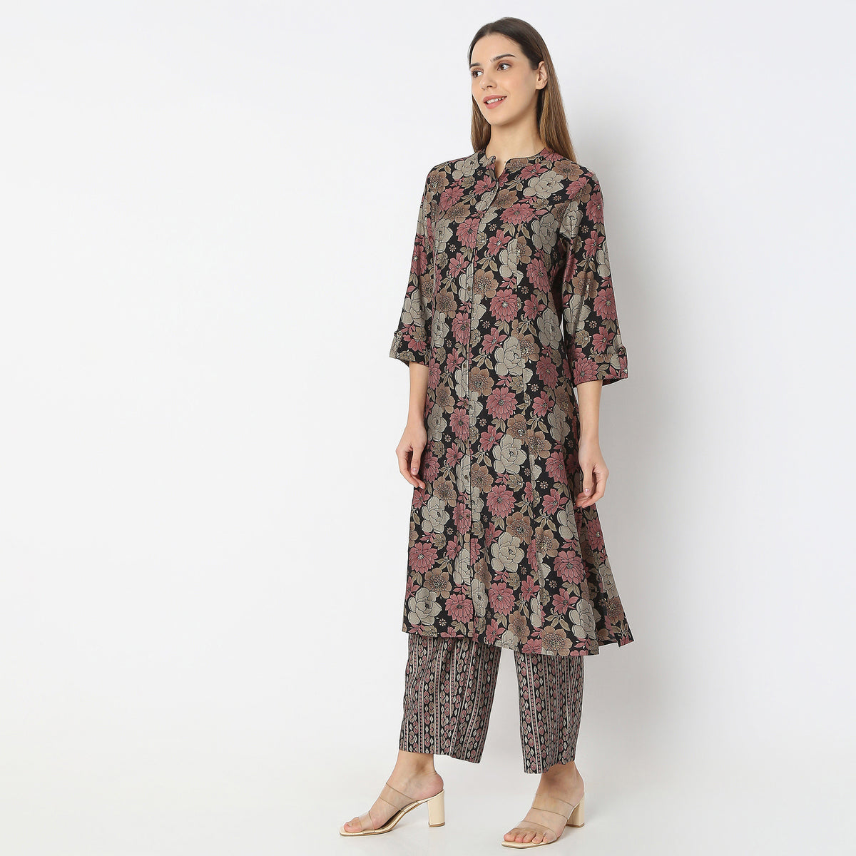 Flare Fit Printed Essential Band Collar Kurta with Pant Set