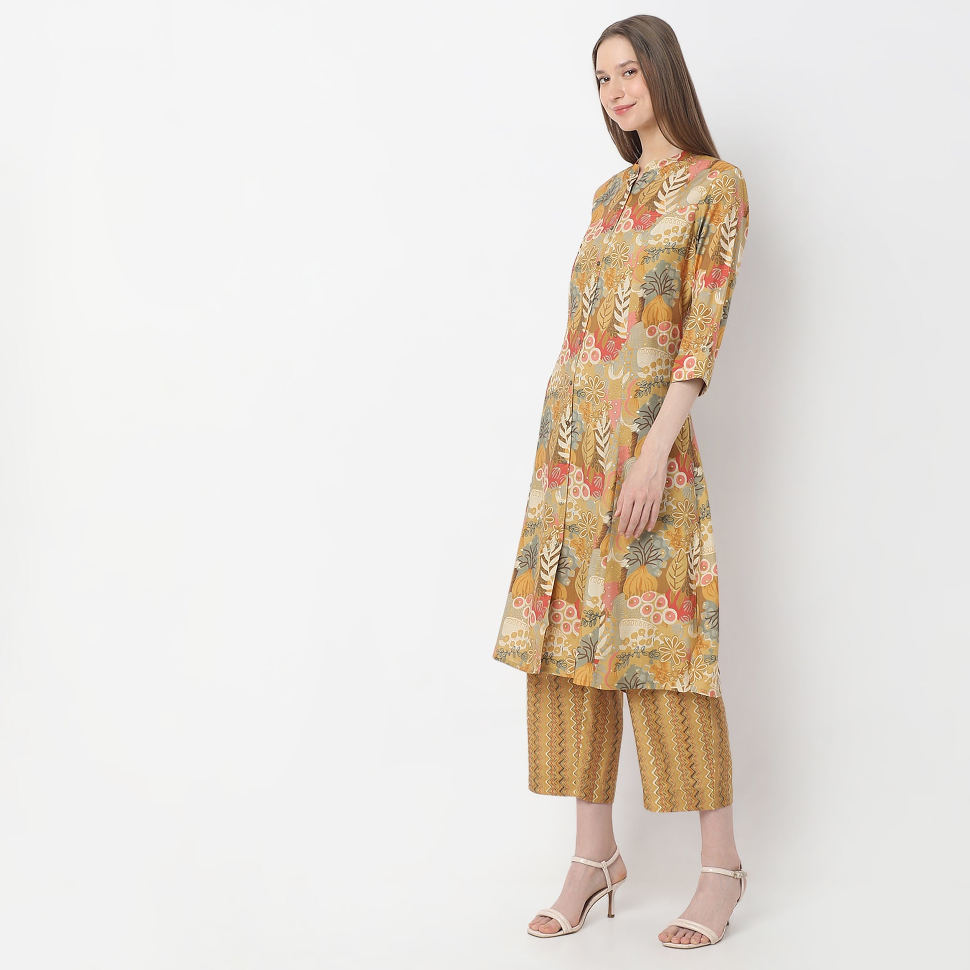 A-Line Printed Band Collar Kurta with Pant Set