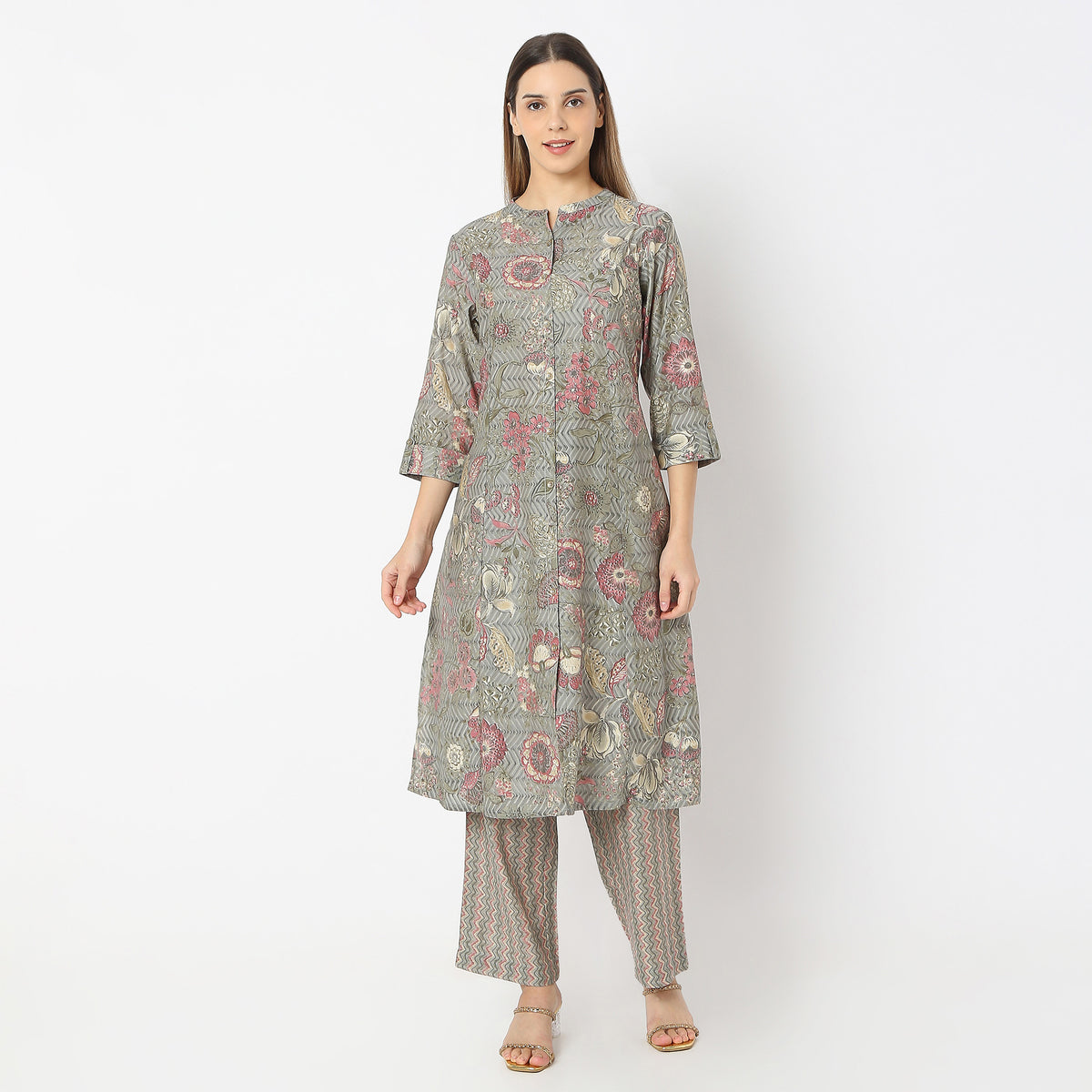 Printed Straight Band Collar A-Line Kurta with Pant Set