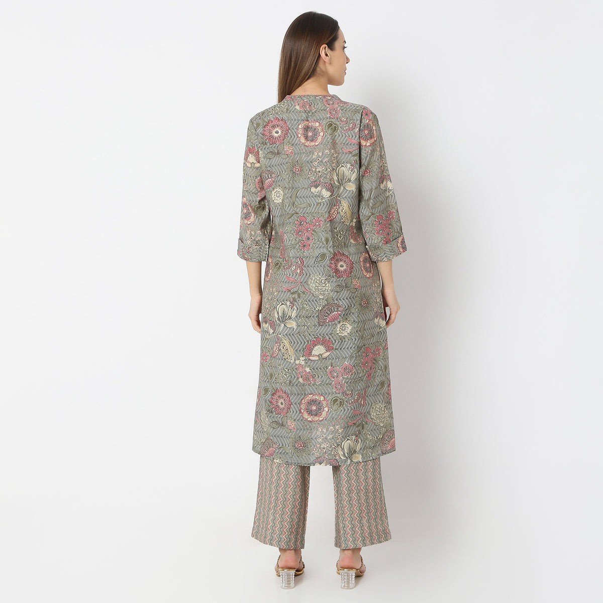 Printed Straight Band Collar A-Line Kurta with Pant Set