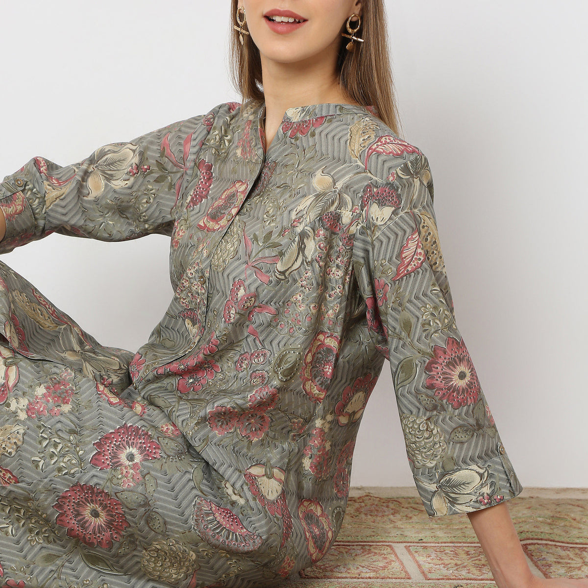 Printed Straight Band Collar A-Line Kurta with Pant Set