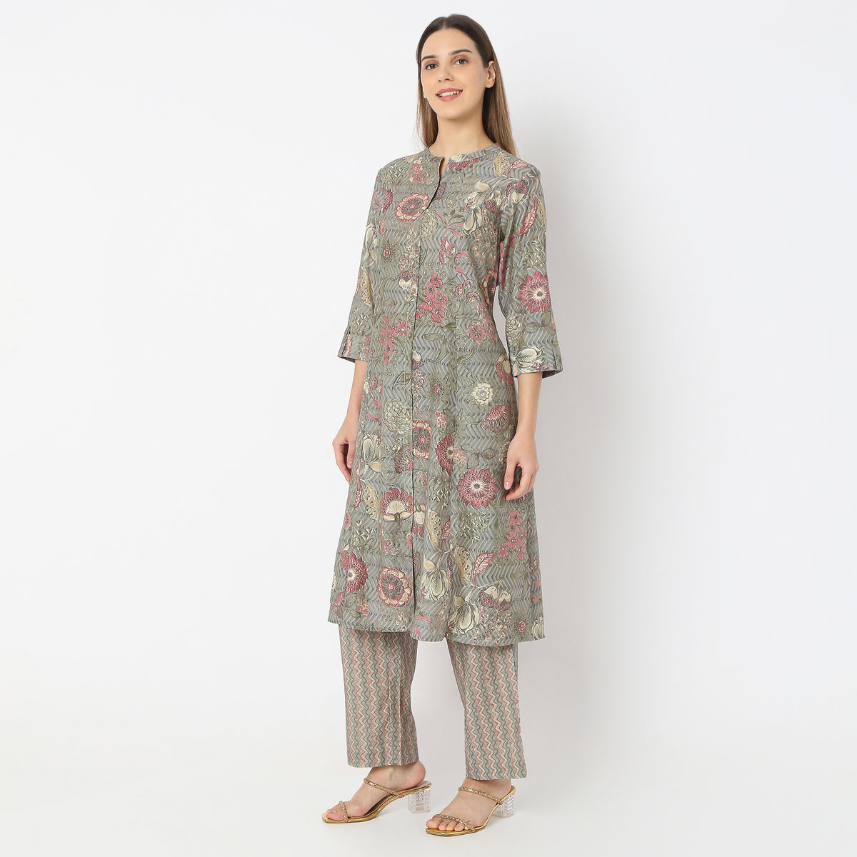 Printed Straight Band Collar A-Line Kurta with Pant Set