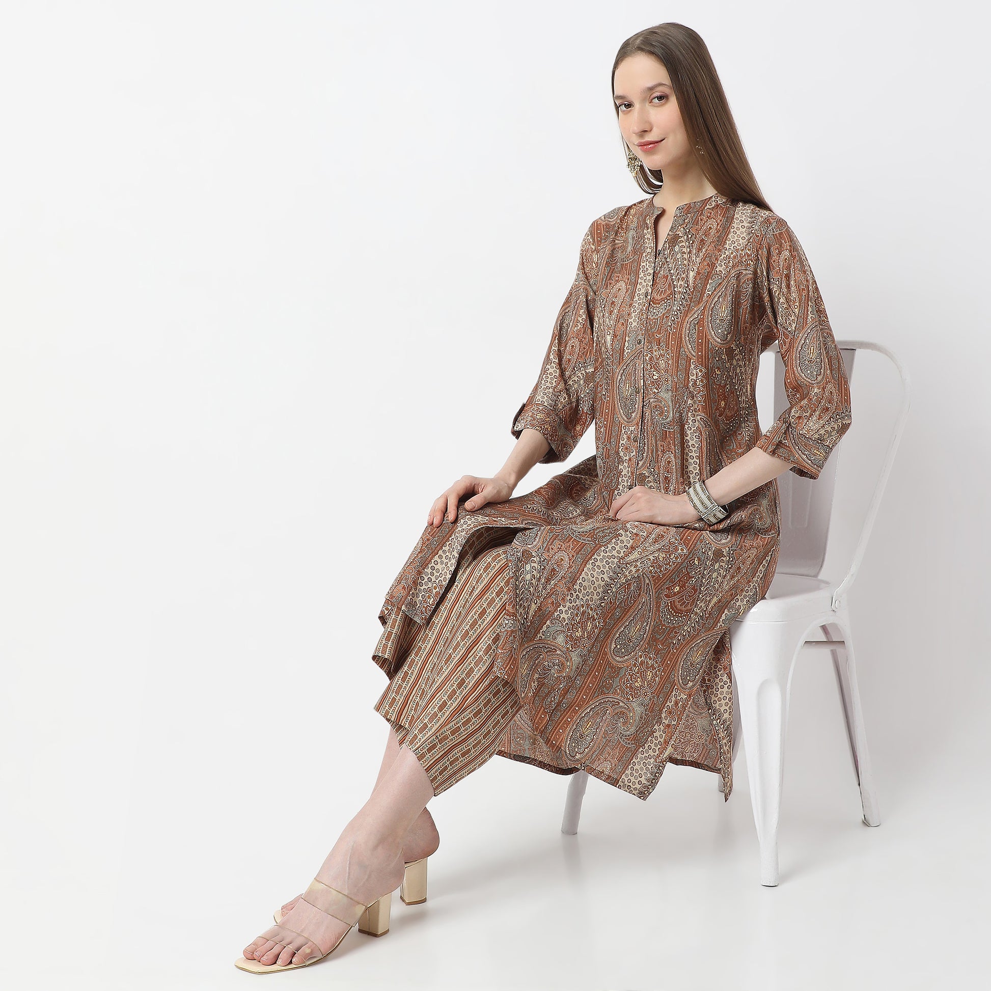 A-Line Printed Band Collar Kurta with Pant Set