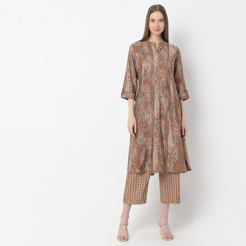 A-Line Printed Band Collar Kurta with Pant Set