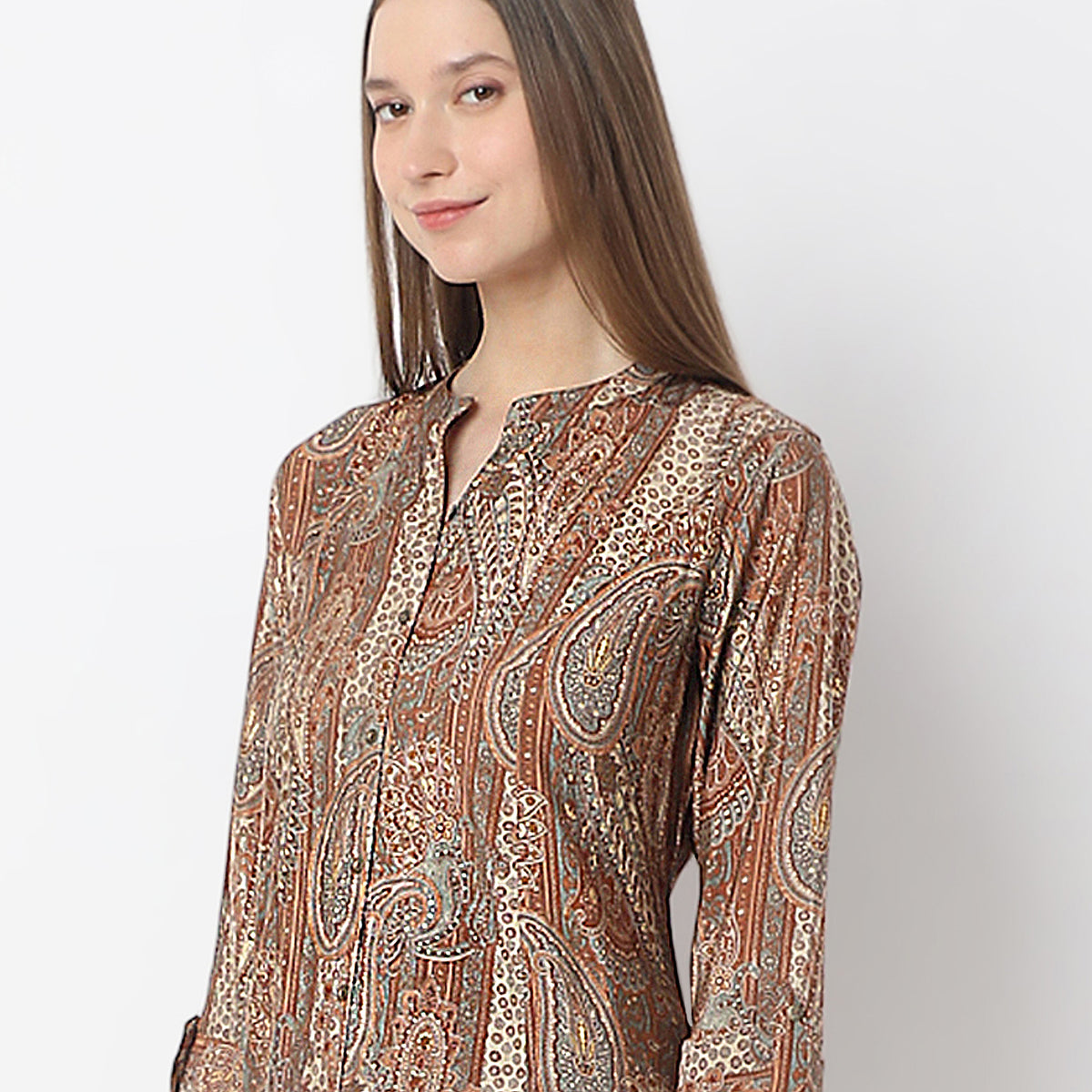 A-Line Printed Band Collar Kurta with Pant Set