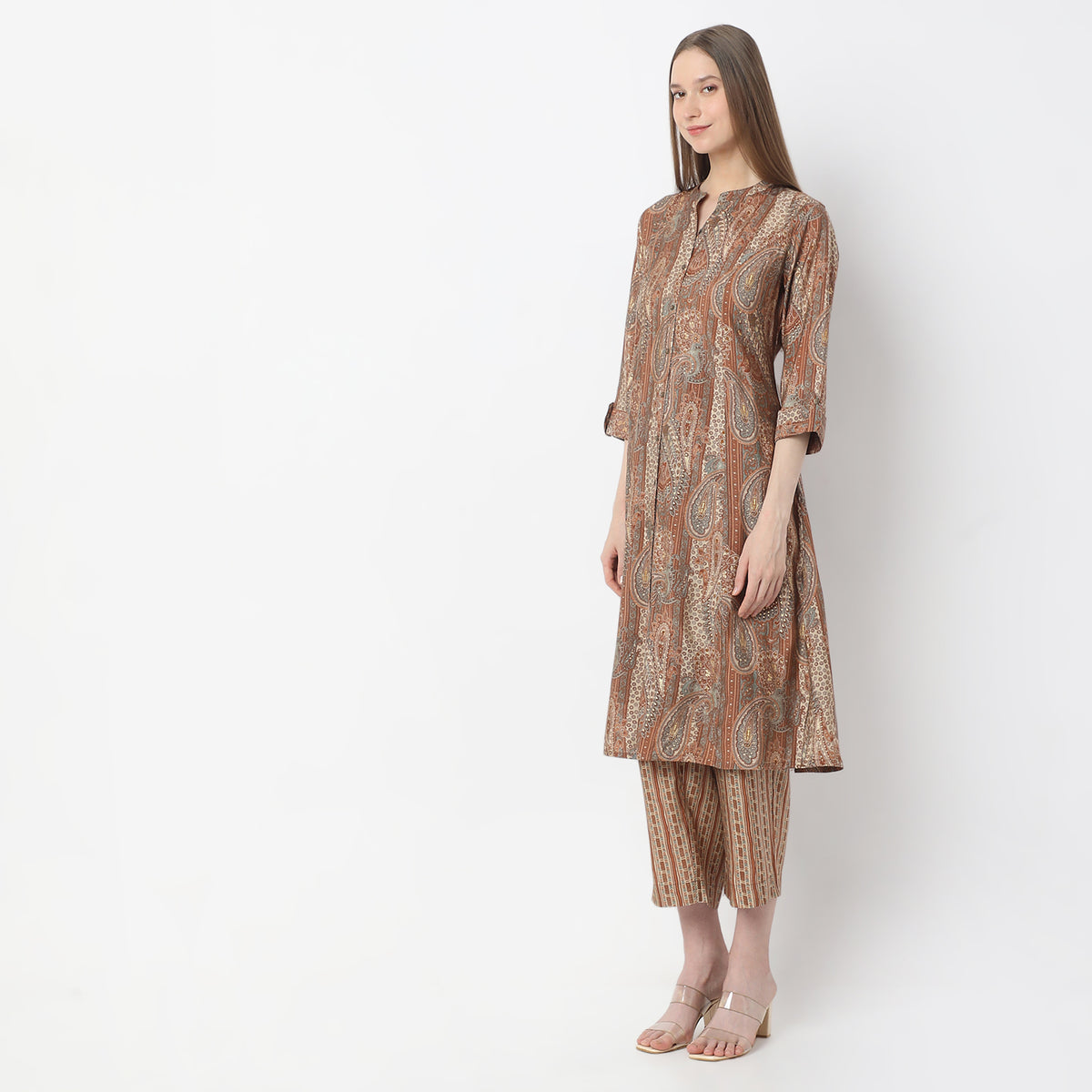 A-Line Printed Band Collar Kurta with Pant Set