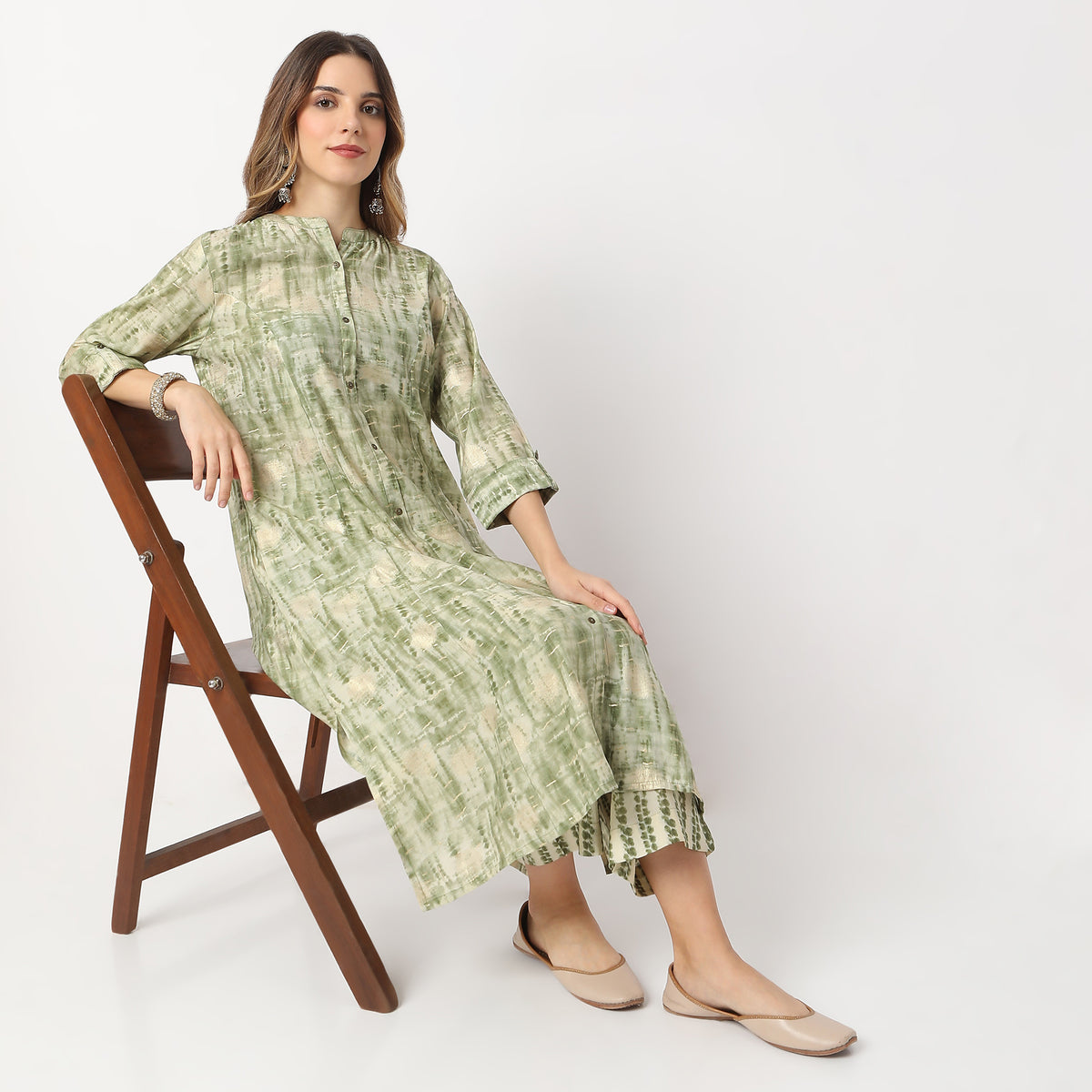 Printed Calf Length Camp Collar A Line Kurta with Pant Set