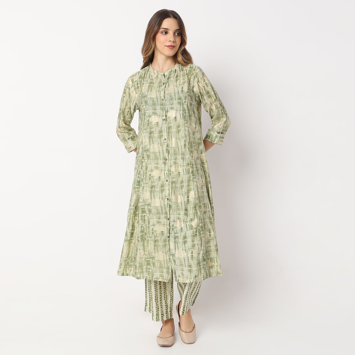 Printed Calf Length Camp Collar A Line Kurta with Pant Set