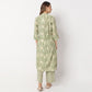 Printed Calf Length Camp Collar A Line Kurta with Pant Set