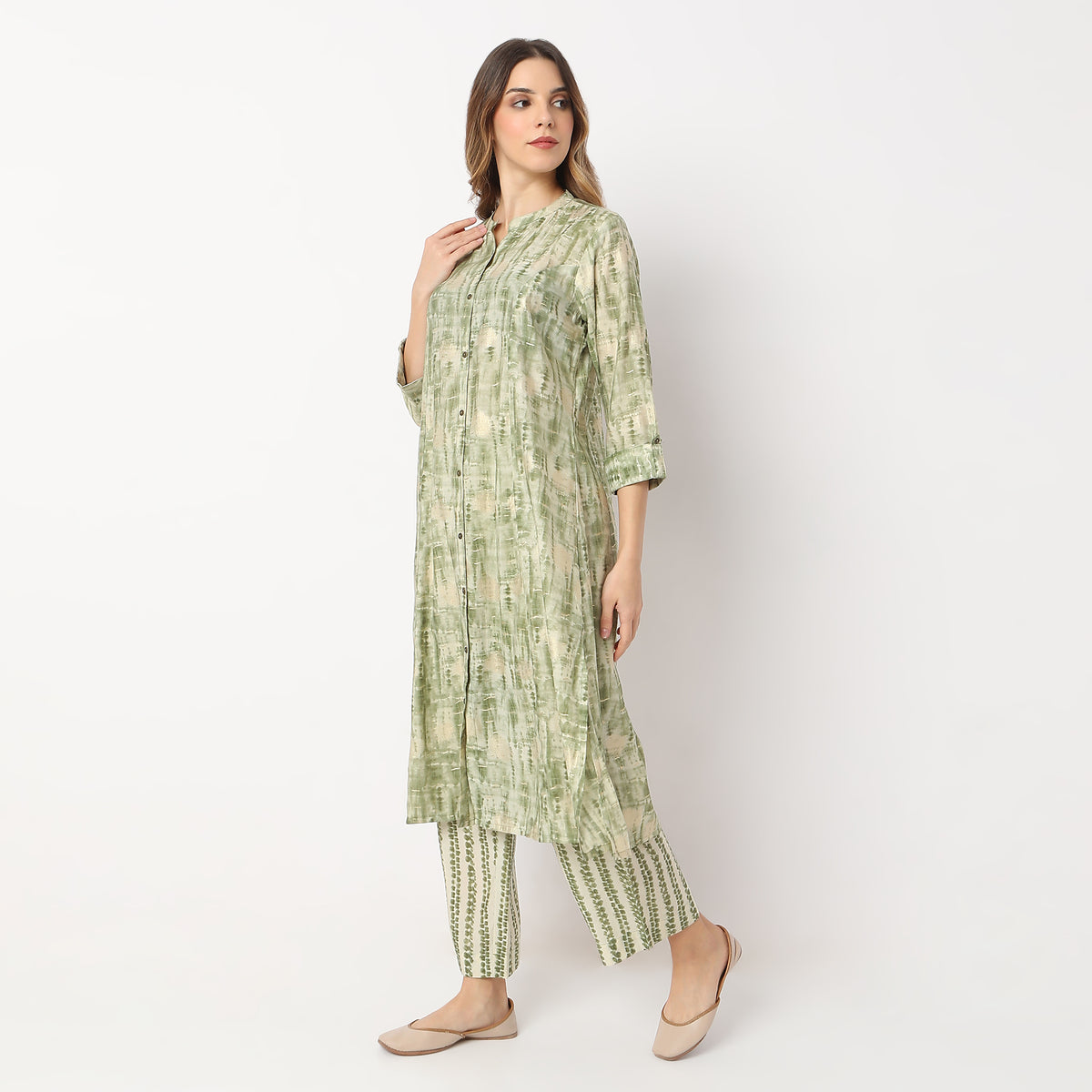 Printed Calf Length Camp Collar A Line Kurta with Pant Set