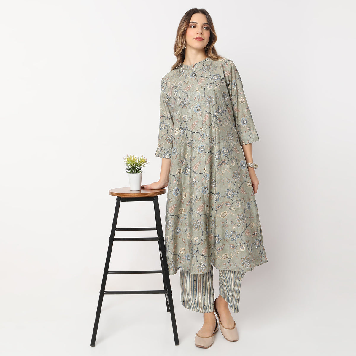 Printed Calf Length Camp Collar A Line Kurta with Pant Set