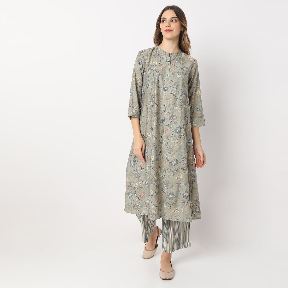 Printed Calf Length Camp Collar A Line Kurta with Pant Set