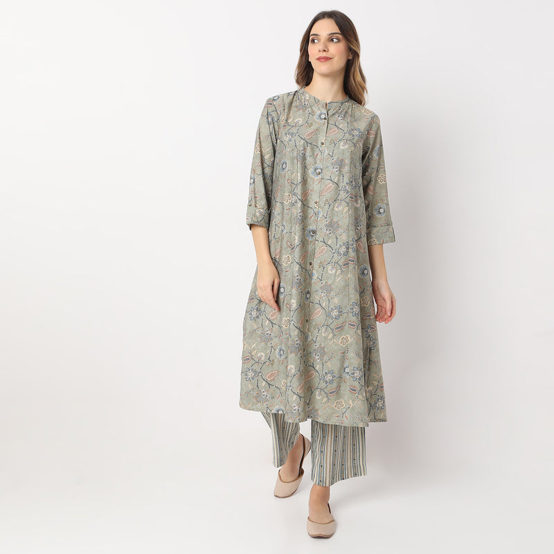 Printed Calf Length Camp Collar A Line Kurta with Pant Set