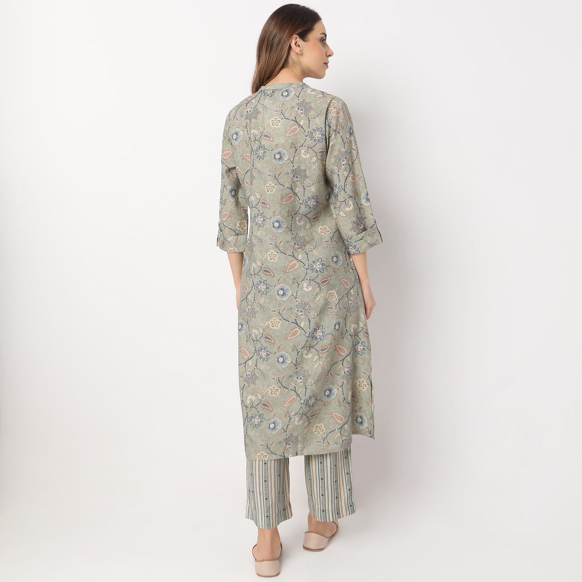 Printed Calf Length Camp Collar A Line Kurta with Pant Set