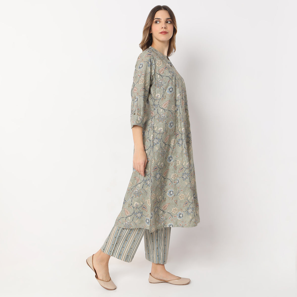 Printed Calf Length Camp Collar A Line Kurta with Pant Set