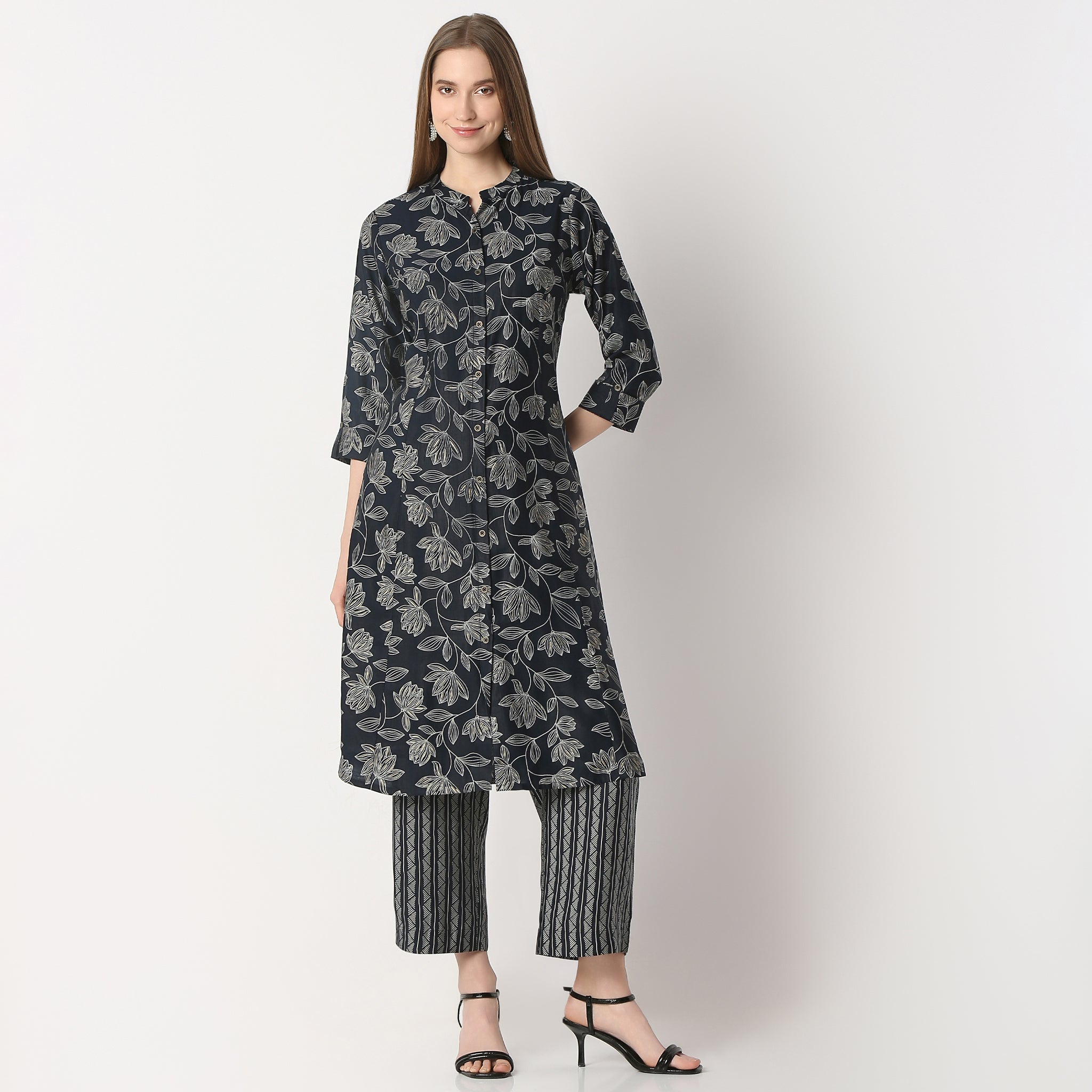 Regular Fit Printed Band Collar Kurta with Pant Set