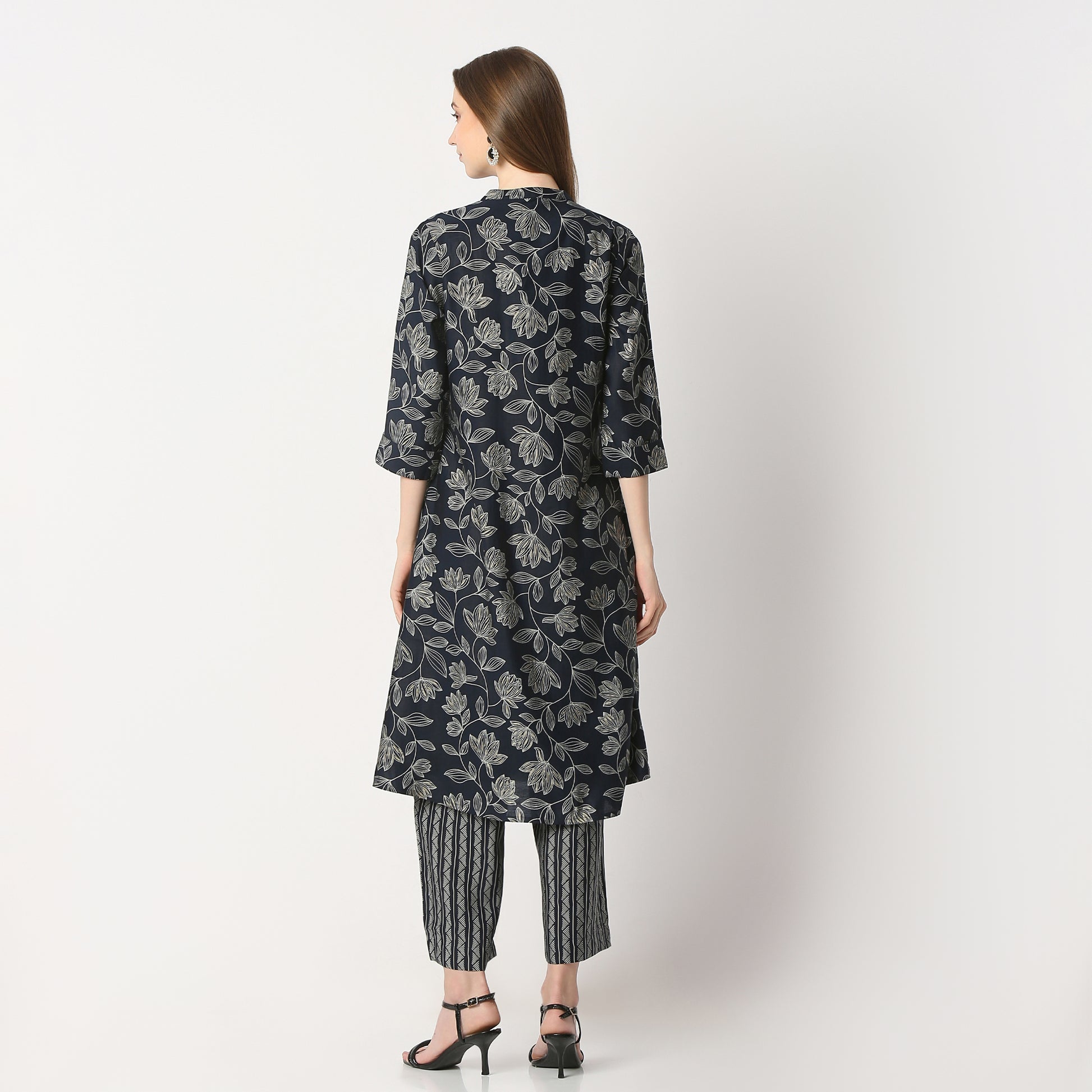 Regular Fit Printed Band Collar Kurta with Pant Set