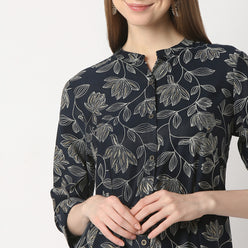 Regular Fit Printed Band Collar Kurta with Pant Set