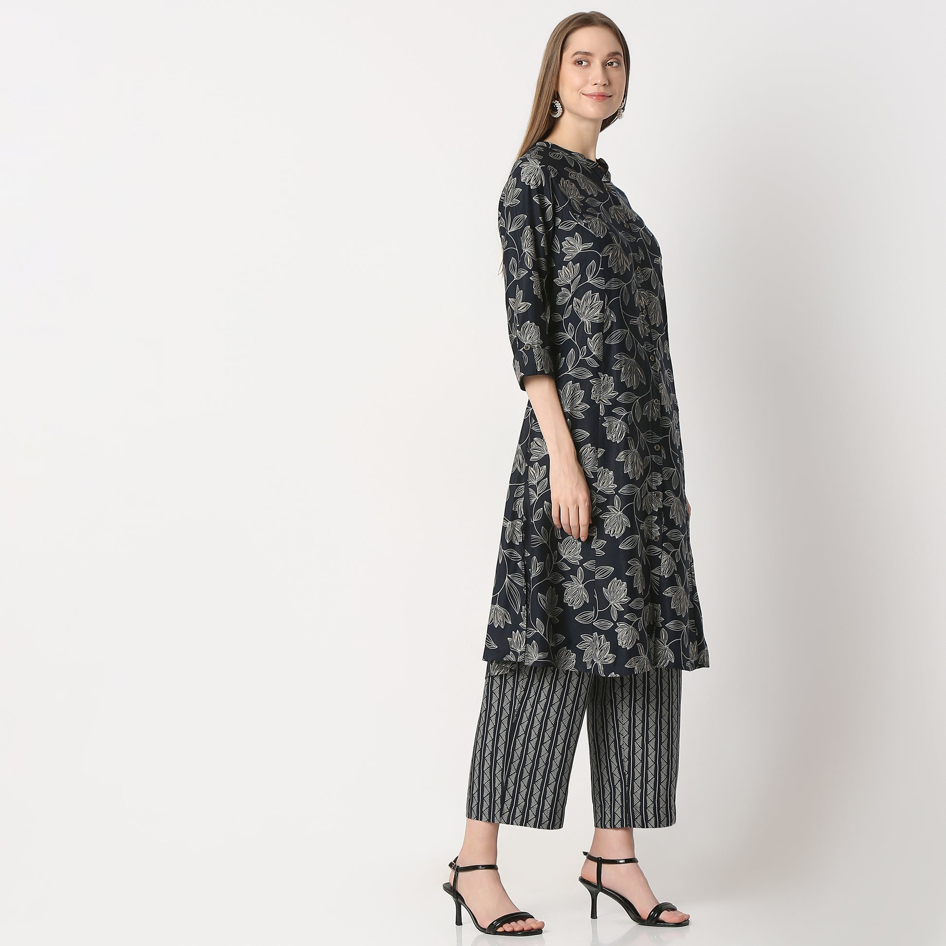 Regular Fit Printed Band Collar Kurta with Pant Set