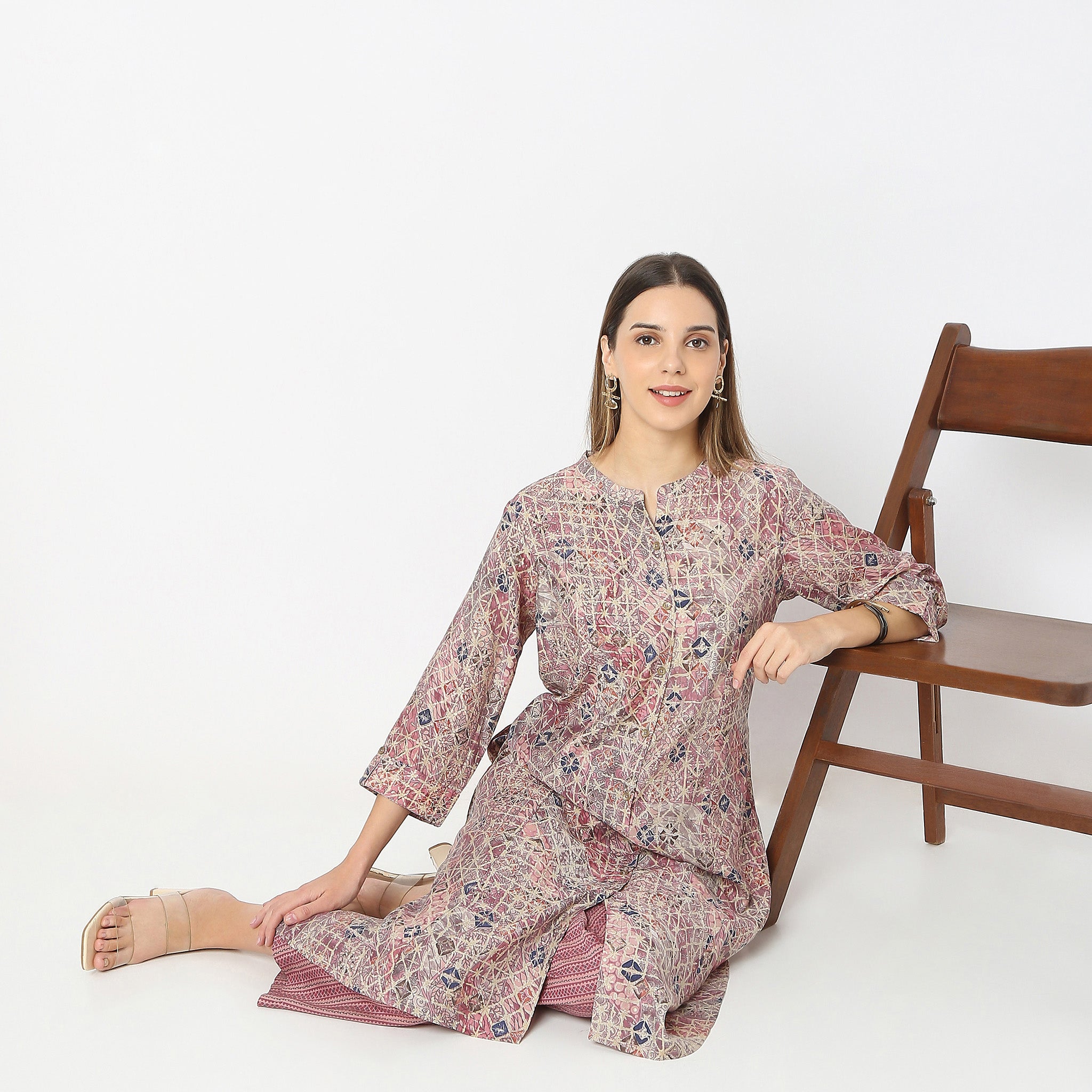 A-Line Printed Band Collar Kurta with Pant Set