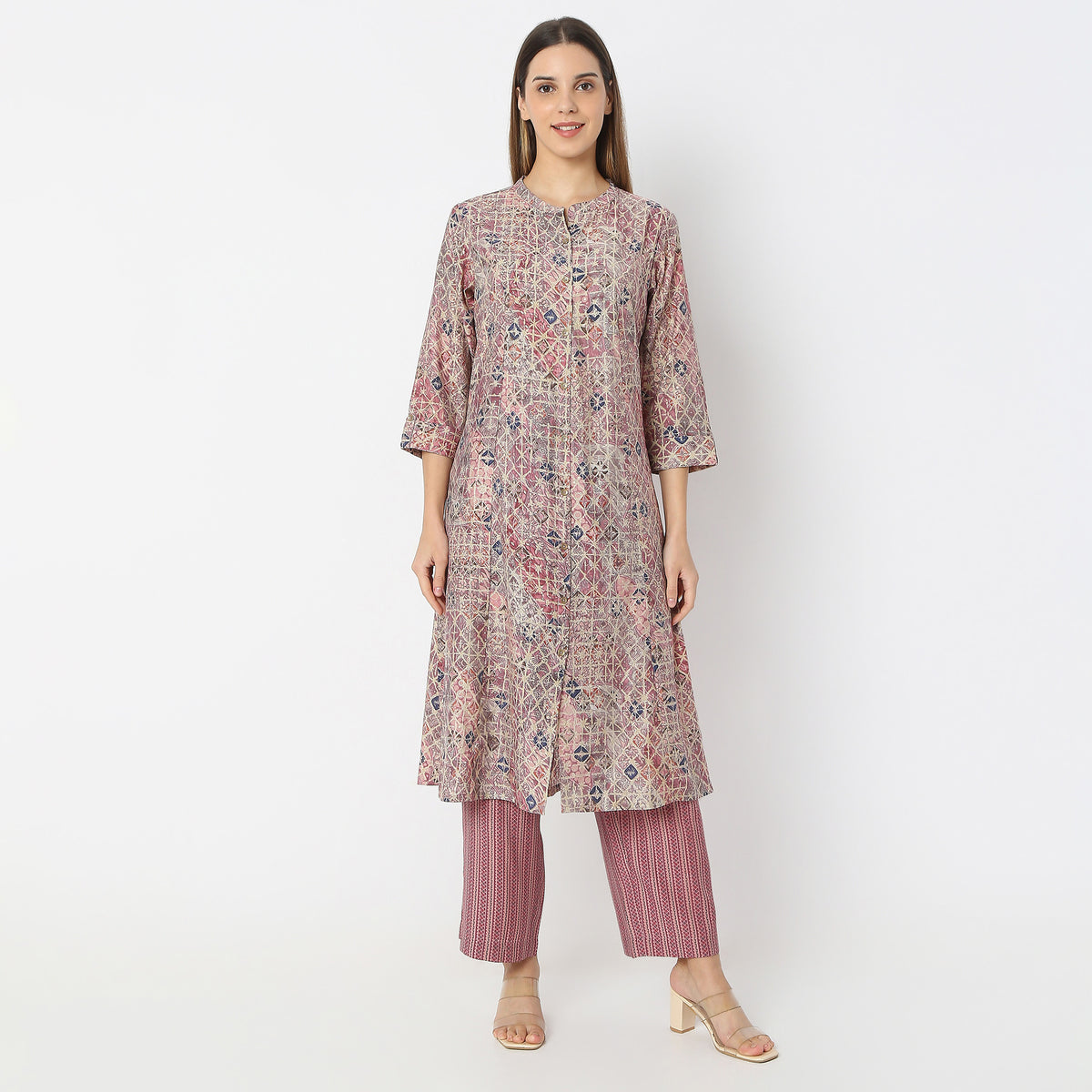 A-Line Printed Band Collar Kurta with Pant Set