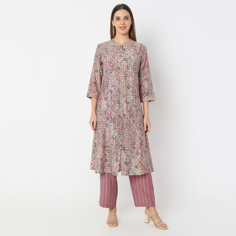 A-Line Printed Band Collar Kurta with Pant Set