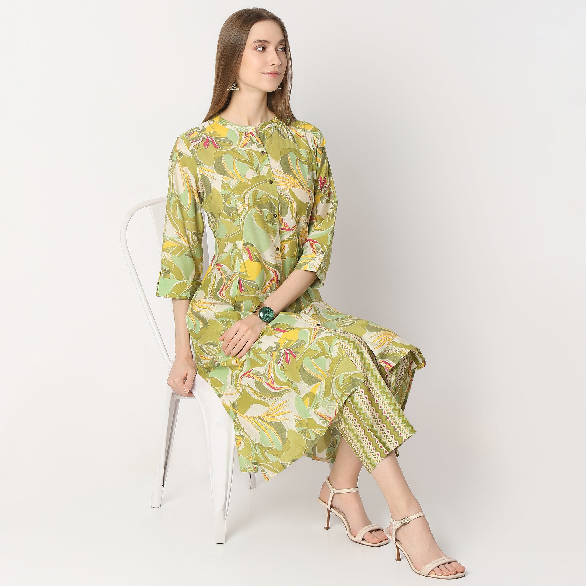 Regular Fit Printed Band Collar Kurta with Pant Set