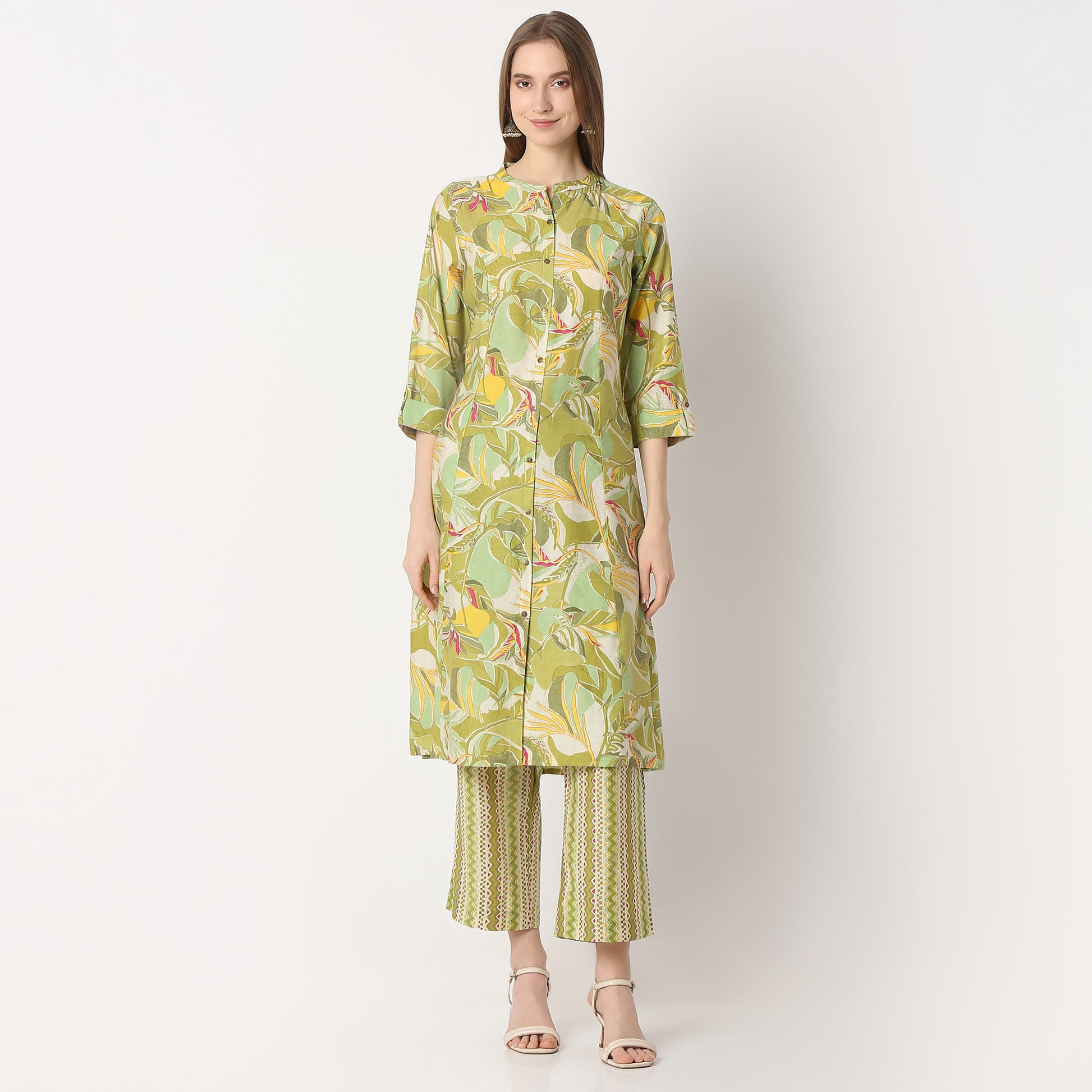 Regular Fit Printed Band Collar Kurta with Pant Set