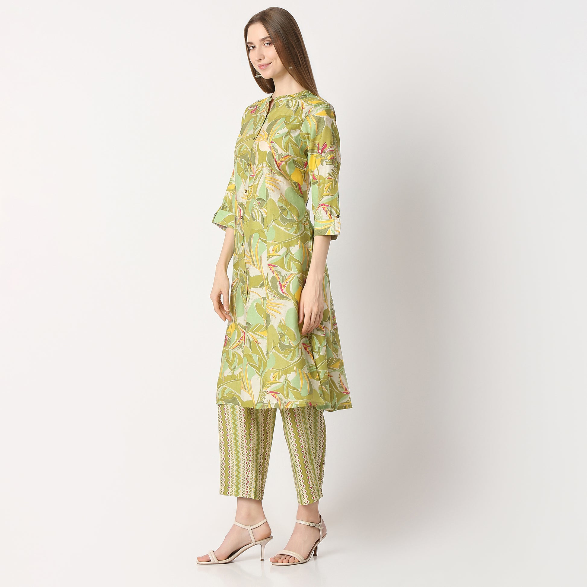 Regular Fit Printed Band Collar Kurta with Pant Set